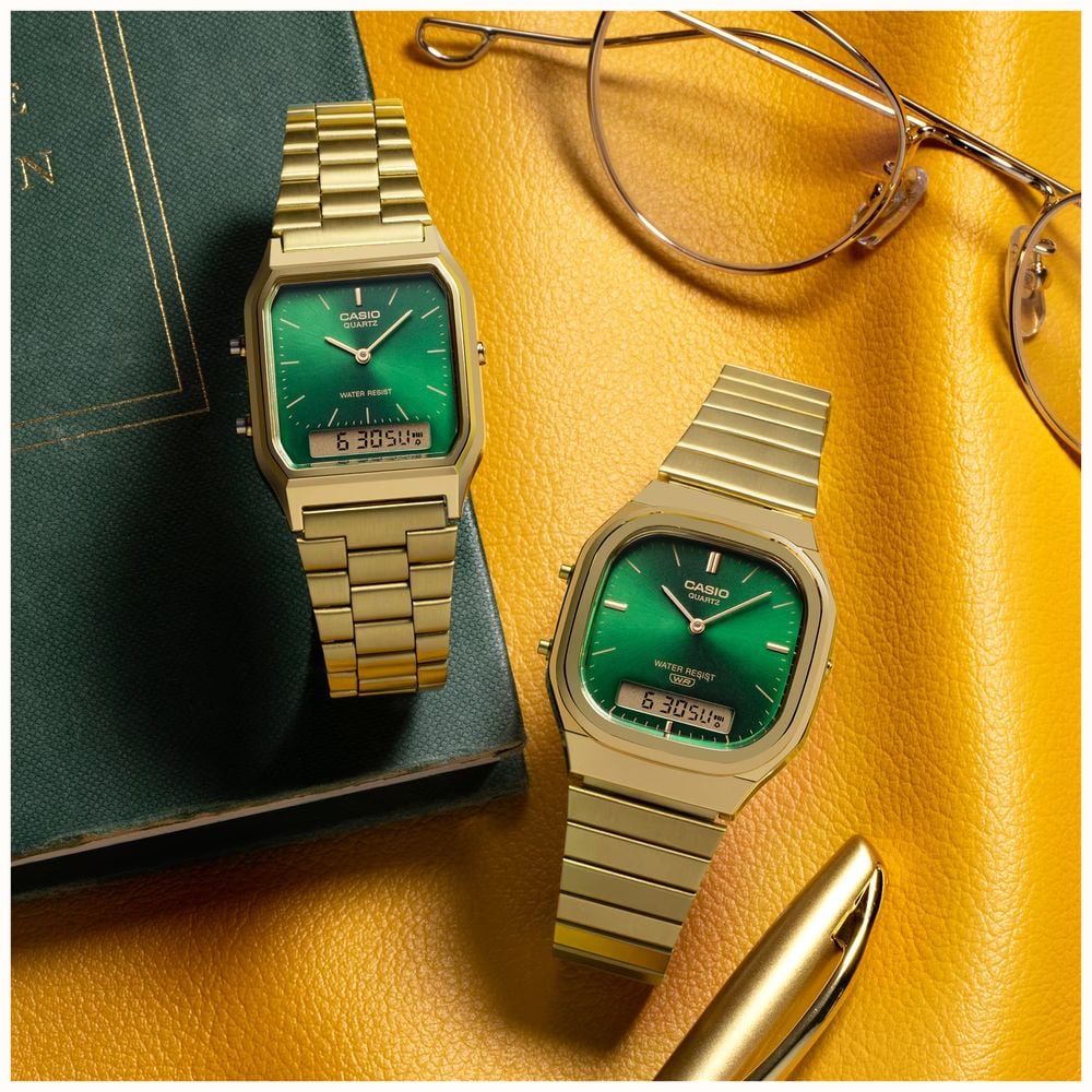 Casio Vintage AQ-230 Series (29.8mm) Green Sunray Dial / Gold PVD Stainless Steel Bracelet AQ-230GA-3AMQYES - alternate view 2
