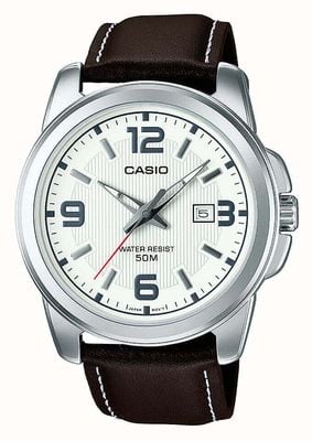 Casio Quartz analogique série Mtp (44,9 mm) cadran blanc / bracelet en cuir marron MTP-1314PL-7AVEF