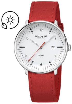 Mondaine Doppio Solar (41 mm) mattweißes Zifferblatt / rotes veganes Lederarmband MLE.41910.LCV