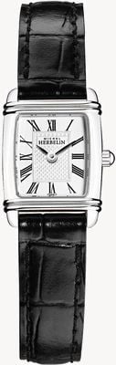 Herbelin Damska mini w stylu art deco | czarny skórzany pasek | biała tarcza 17438AP08