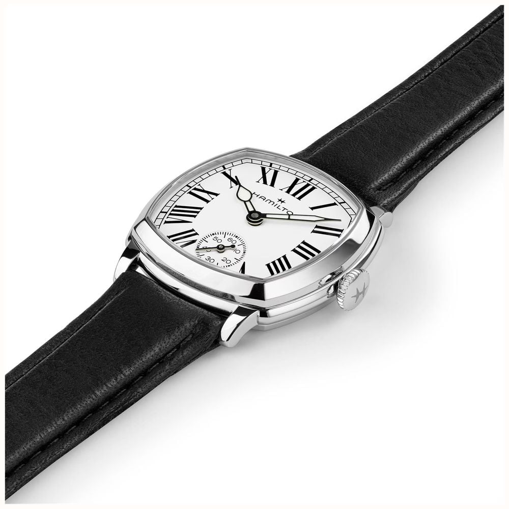Hamilton American Classic Cushion Mechanical (30mm) Enamel White Dial / Black Leather Strap Watch H36109720 - alternate view 5