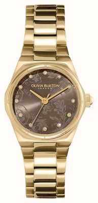 Olivia Burton 迷你六角形（28 毫米）棕色表盘/金色不锈钢表链 24000107