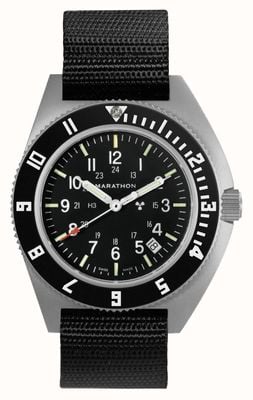 Marathon SSnav-d Steel Navigator Date Quartz (41 mm) schwarzes Zifferblatt / schwarzes Armband aus ballistischem Nylon WW194013GG-0101
