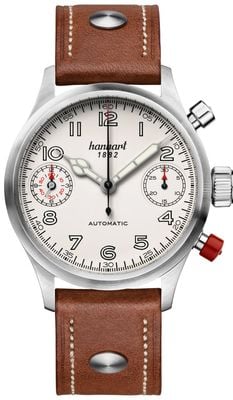 Hanhart Pioneer Twindicator Automatik-Chronograph (45 mm), antikes weißes Zifferblatt / hellbraunes Lederarmband - m 730.200-0210