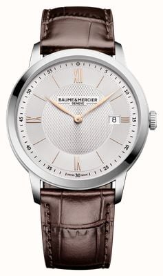 Baume & Mercier Classima Quartz (40mm) Silvery Opaline Sun-Satin Barleycorn Dial / Brown Calfskin Leather Strap 10882