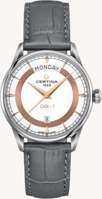 Certina Orologio da uomo DS-1 Day Date (40 mm), quadrante bianco / cinturino in pelle grigia C0294301601101