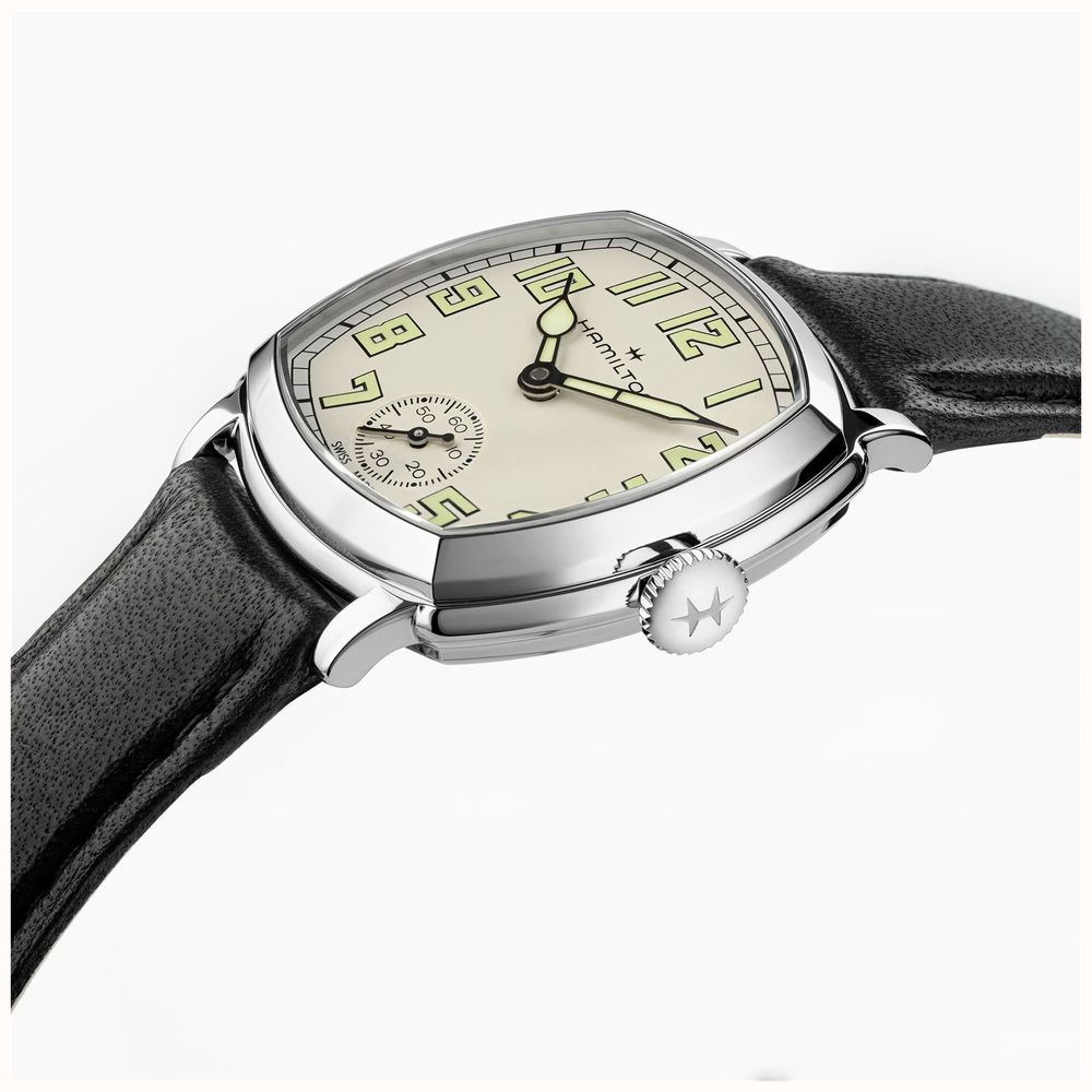 Hamilton American Classic Cushion Mechanical (30mm) Sandblasted Beige Dial / Black Leather Strap Watch H36109710 - alternate view 2