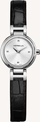 Herbelin Kwarc Lady h (22 mm) ze srebrną tarczą sunray / czarnym skórzanym paskiem 17312AP12