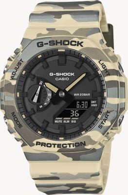 Casio G-Shock 2100 Serie Original Camouflage (45,4 mm) schwarzes Zifferblatt / grünes Camouflage-Resinarmband GA-2100CM-5AER