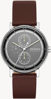 Skagen Quadrante grigio multifunzione Signature (40 mm) / cinturino in pelle marrone SKW6941