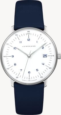Junghans Max bill damen quartz (32.7mm) mat witte wijzerplaat / blauwe leren band 47/4556.02