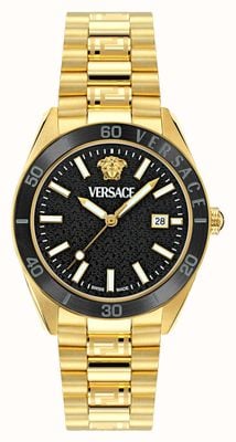 Versace V-Dome (42 mm) schwarzes Zifferblatt / goldfarbenes Edelstahlarmband VE8E00624