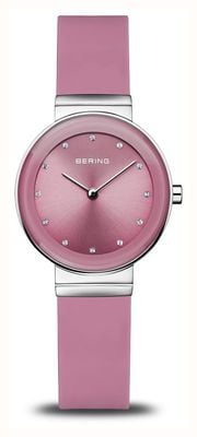 Bering Mostrador clássico polido (29 mm) rosa sunray / pulseira de silicone rosa 10129-909