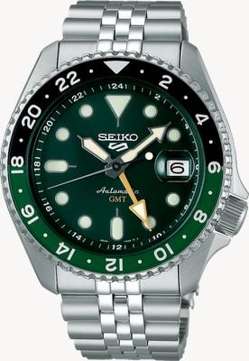 Seiko Reloj deportivo SKX GMT de 5 esferas, bicolor, verde y verde, pulsera de acero inoxidable SSK035K1