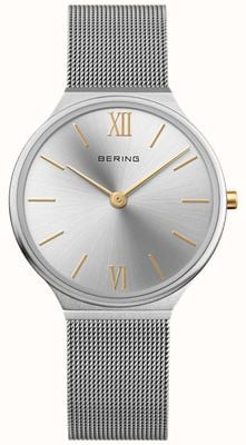 Bering Reloj de mujer ultrafino (34 mm) con esfera plateada/pulsera de malla de acero inoxidable 18434-010