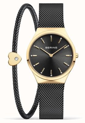 Bering Juego de pulsera y reloj clásico negro y oro pulido para mujer. 12131-132-GWP