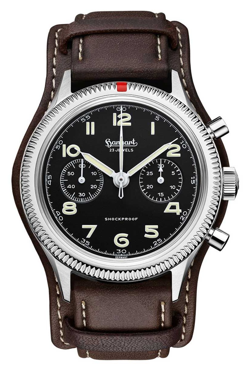 Hanhart 417 es (42 mm) cadran noir / bracelet en cuir marron montre