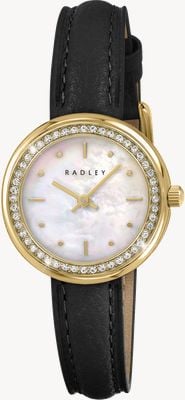 Radley 水晶镶嵌三针石英表（28毫米），珍珠贝母表盘/黑色皮表带 RY21972