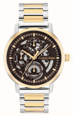 Calvin Klein Calibre de cuarzo multifunción (41 mm), esfera esqueletizada marrón / brazalete de acero inoxidable de dos tonos 25200564