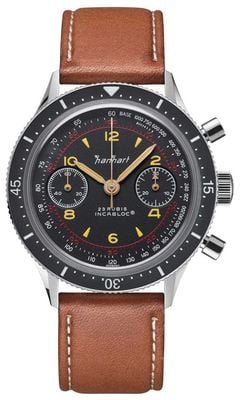 Hanhart 415 es emblématique (39 mm) cadran noir / bracelet en cuir marron clair - m H703.210-8210