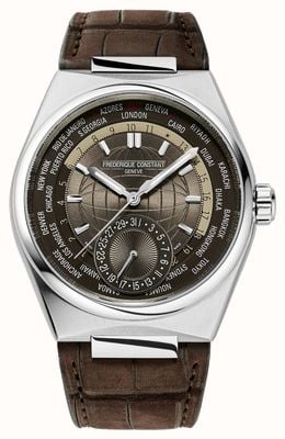 Frederique Constant Изготовление часов Highlife worldtimer (41 мм), коричневый циферблат с солнечными лучами / коричневая кожа аллигатора FC-718C4NH6