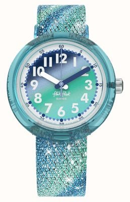 Flik Flak Arc-en-ciel congelé (31,85 mm) cadran dégradé bleu / bracelet en tissu pet recyclé à paillettes bleu vert FPNP153