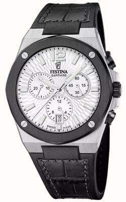 Festina スイス製ヴァレー・クォーツ・クロノグラフ（42mm）シルバー文字盤／ブラックハイブリッドレザーストラップ F22003/1