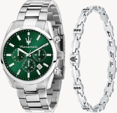 Maserati メンズ アトラツィオーネ ギフトセット (43mm) グリーン ダイヤル / ステンレス スチール ブレスレットとマッチするブレスレット R8853151017