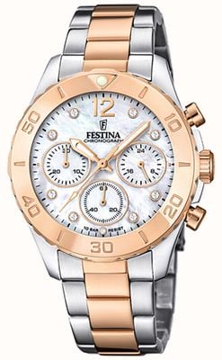 Festina Ladies Rose-Plated Chrono Watch W/Bracelet & CZ Sets F20605/1