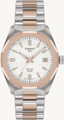 Tissot Prc 100 太阳能 (34 毫米) 珍珠母贝表盘 / 双色不锈钢表链 T1518222211100