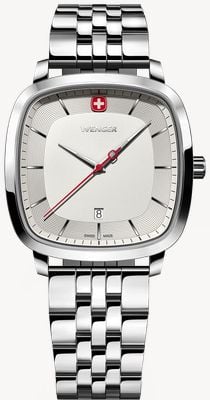 Wenger Klassischer Vintage-Quarz (37 mm) mit silberfarbenem, sandgestrahltem Zifferblatt und Edelstahlarmband 01.1921.101