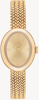 Coach Reloj Sammy para mujer (22,5 mm), esfera dorada con efecto rayos de sol y pulsera de malla de acero inoxidable en tono dorado. 14504567