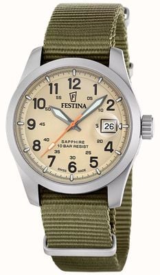 Festina Quartzo de campo suíço (39 mm), mostrador bege, pulseira NATO de nylon verde, vidro de safira. F20082/1