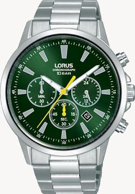 Lorus Sports Quartz Chronograph (43mm) Green Sunray Dial / Stainless Steel Bracelet RT313LX9