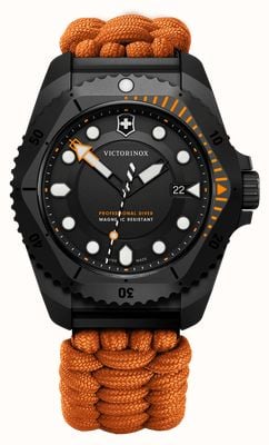 Victorinox Reloj Dive Pro Quartz (43 mm) con esfera negra y correa de paracord naranja. 242069.1