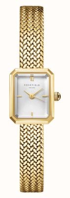 Rosefield Mini octogonal dourado (15 mm) com mostrador prateado / pulseira de malha de aço inoxidável banhada a ouro MWGMG-M01