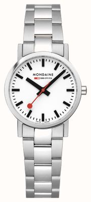 Mondaine Damenuhr klassisch (30 mm) mit weißem Zifferblatt / Edelstahlarmband A658.30323.11SBJ