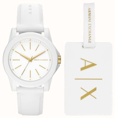 Armani Exchange Feminino | relógio e etiqueta de bagagem | alça de silicone branca AX7126