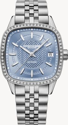 Raymond Weil Freelancer Cushion Automatik, 60 Diamanten (34 mm), eisblaues Zifferblatt / Edelstahlarmband 2490-STS-50061