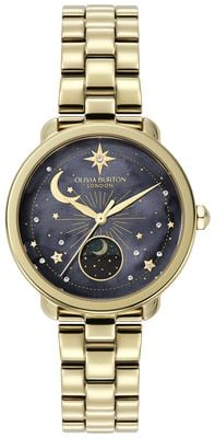 Olivia Burton Celestial Moonphase (34 mm) schwarzes Zifferblatt / goldfarbenes Edelstahlarmband 24000298