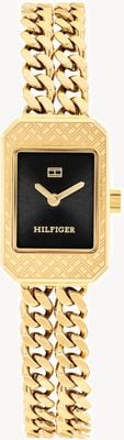 Tommy Hilfiger Sarah (16 mm) esfera negra / brazalete de acero inoxidable con recubrimiento PVD dorado 1782842