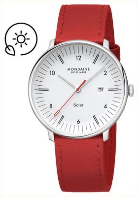 Mondaine Doppio Solar (41 mm) mattweißes Zifferblatt / rotes veganes Lederarmband MLE.41910.LCV