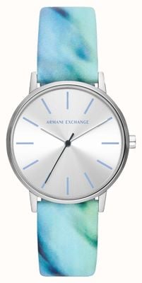 Armani Exchange Esfera plateada (36 mm) para mujer/correa de piel con estampado azul AX5597