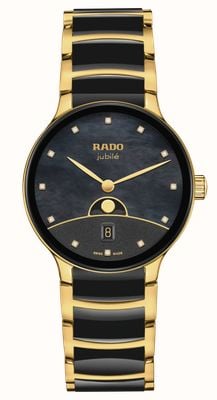 RADO Montre Centrix phase de lune (35 mm) cadran en nacre noire / céramique haute technologie noire et acier PVD or R30233942