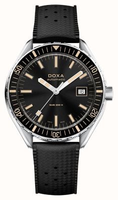 DOXA Sub 200 II Sharkhunter (44 mm) mostrador preto com efeito raios de sol / pulseira de borracha preta com inspiração vintage 795.10.101.20