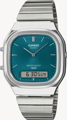 Casio Vintage-Uhr mit zwei Anzeigen (35,8 mm), türkisfarbenem Zifferblatt mit Sonnenschliff und Edelstahlarmband AQ-240E-3AEF