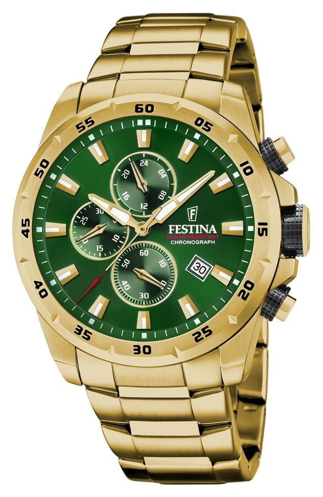 Festina Mens Chronograph  Green Dial  Gold PVD Plated Watch