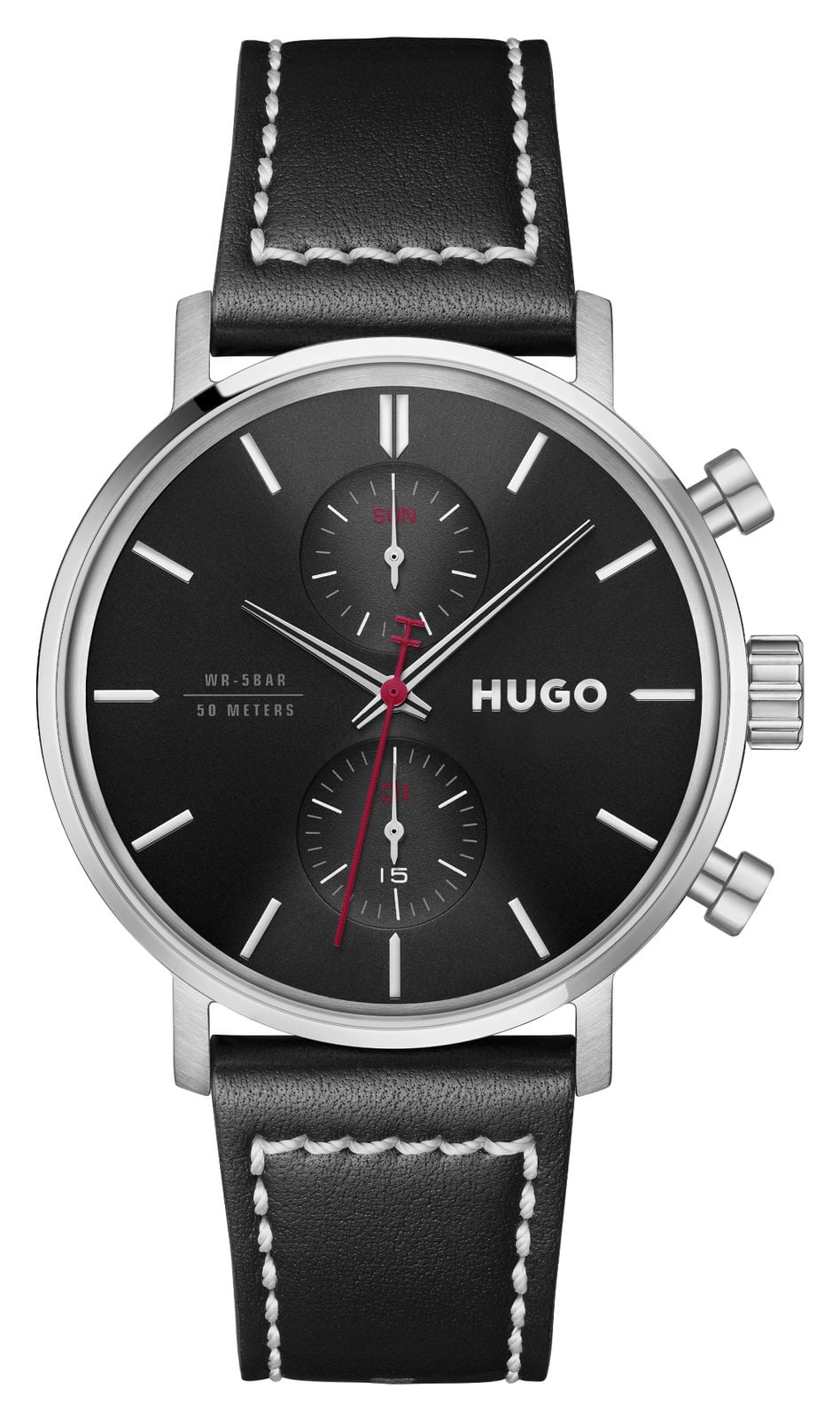 Hugo Black Dial And Black Leather Strap Multifunction Takeoff Watch