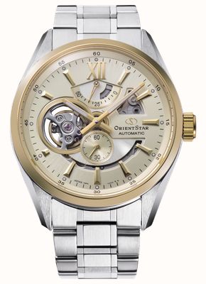 Orient Star Modern automatisch skeletontwerp (41 mm) champagnekleurige wijzerplaat / roestvrijstalen armband RE-AV0124G00B