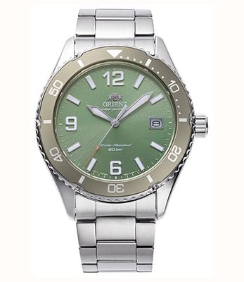 Orient Relógio de mergulho esportivo solar (39,9 mm) com mostrador verde pistache e pulseira de aço inoxidável. RA-WJ0001E10B